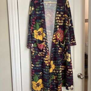 LuLaRoe Sarah Duster Multicolor with Purple Floral Print with Pockets Size L